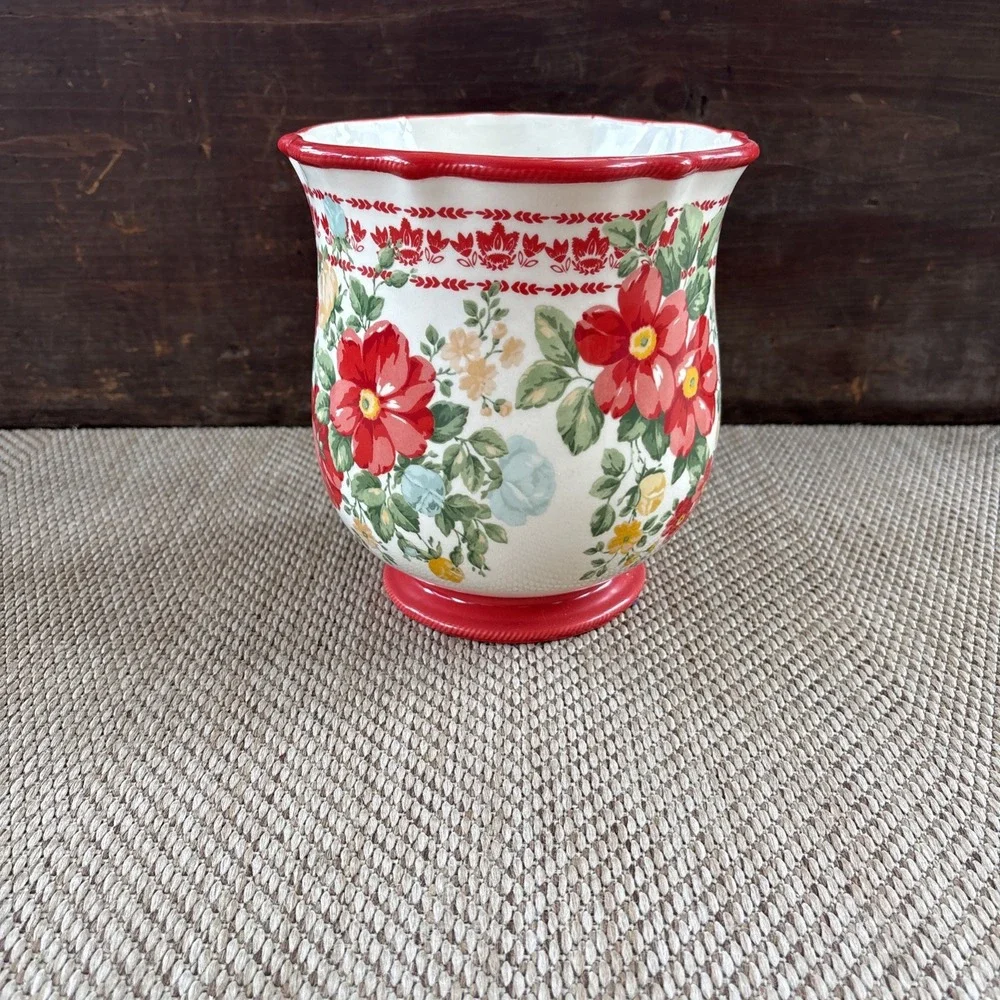 Pioneer Woman Vintage Floral Stoneware Utensil Holder Crock Red Discontinued